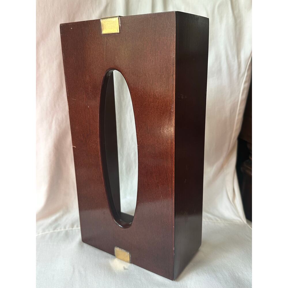 Vintage wooden tissue box cover dark brown metal gold brass. 11x6x3” Mcm